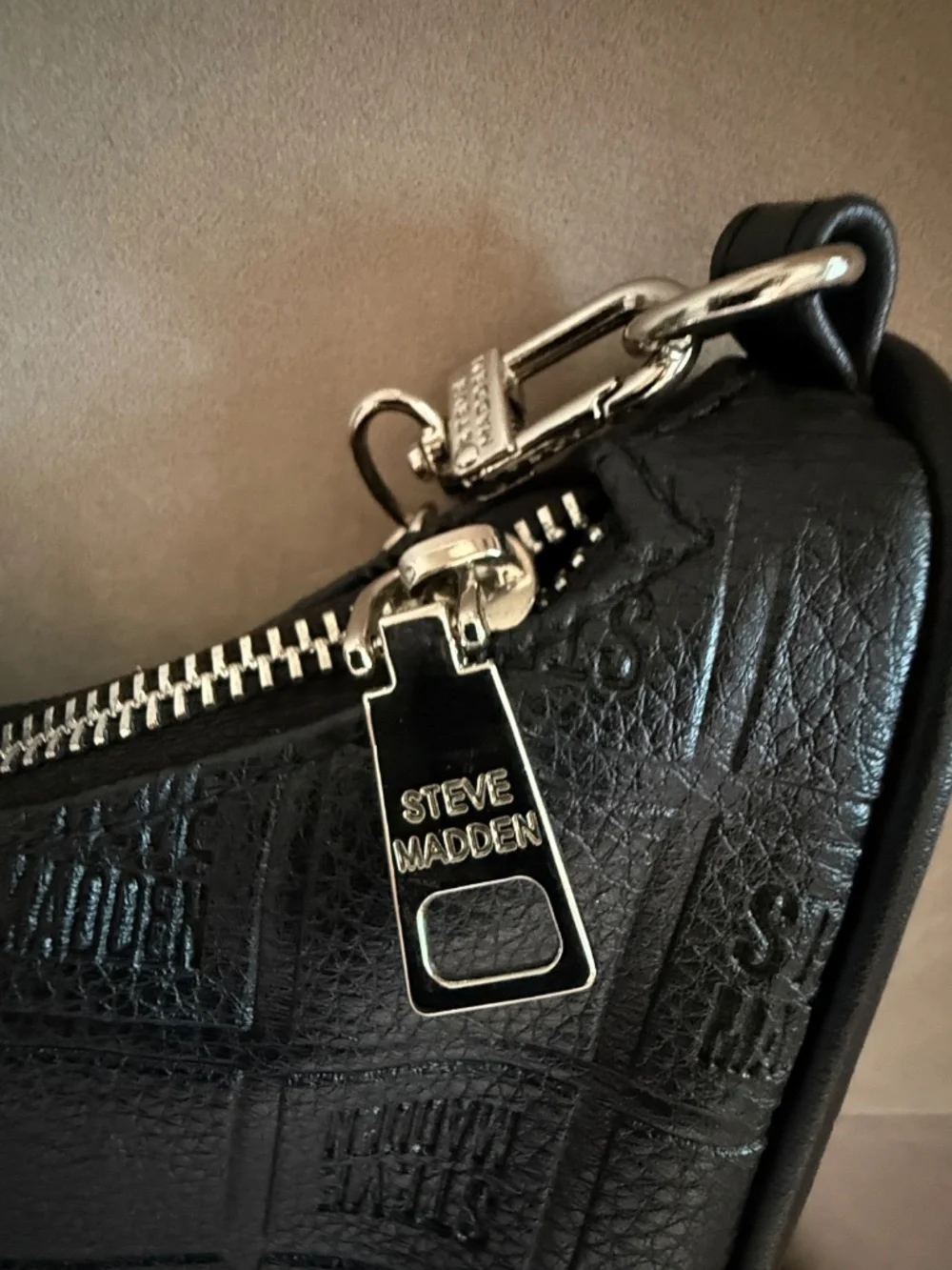 Share Steve Madden Black Shoulder Bag Embossed Logo Chain Strap Hobo Purse